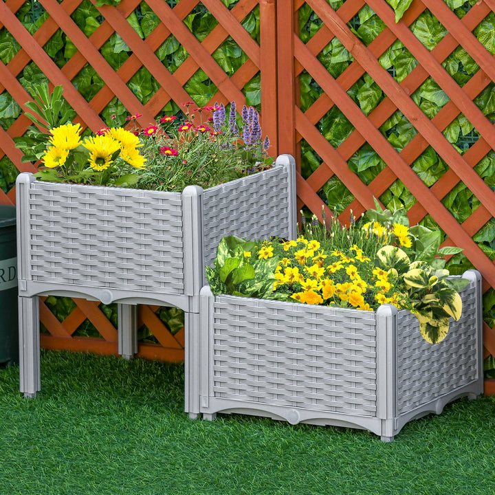 Outsunny 40cm x 40cm x 44cm Set of 2 Garden Raised Bed Elevated Patio Flower Plant Planter Box PP Vegetables Planting Container, Grey