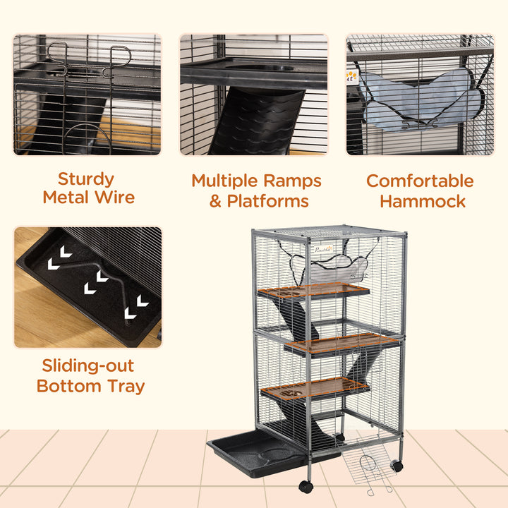 Small Animal Cage with Wheels Pet Home for Chinchillas, Ferrets, Kittens , Hammock, 4 Platforms and Removable Tray