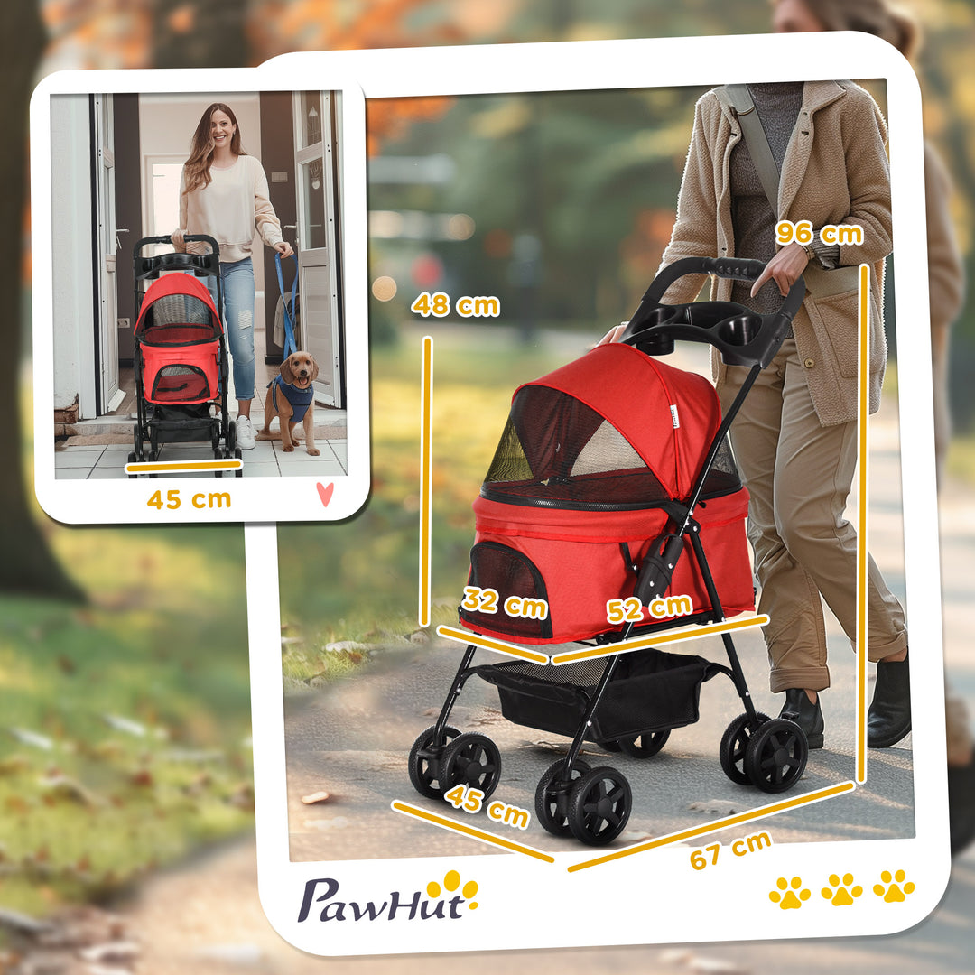 PawHut Pet Stroller No-Zip Dog Cat Travel Pushchair Fold Trolley Jogger with EVA Wheels Brake Basket Adjustable Canopy Safety Leash Red