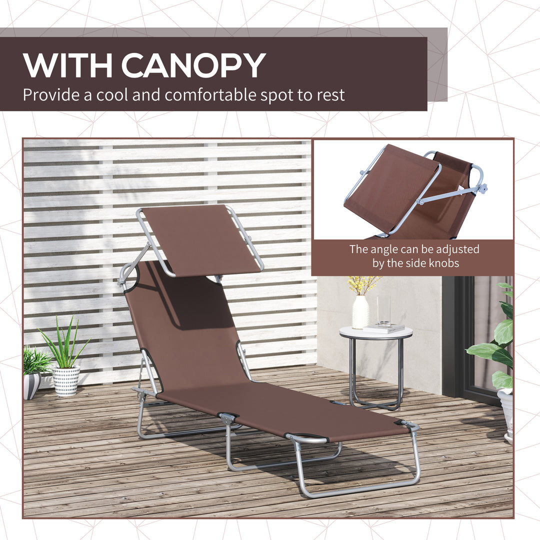 2 Pieces Outdoor Foldable Sun Lounger Set with Removeable Shade Canopy, Patio Recliner Sun Lounger with Adjustable Backrest with Mesh Fabric, Brown