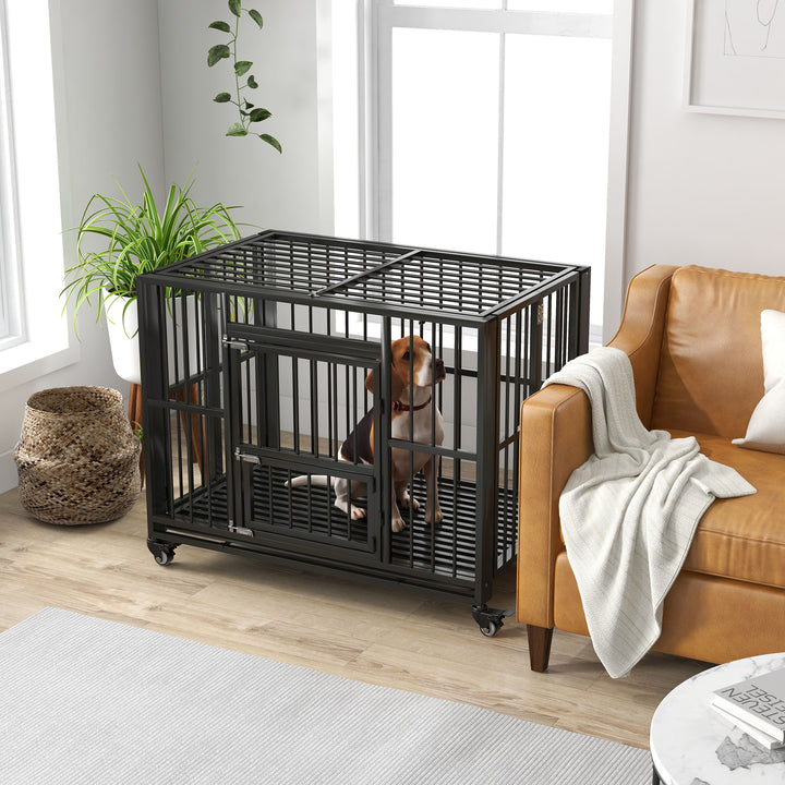 Heavy Duty Foldable Dog Crate, w/ Openable Top and Wheels-Black