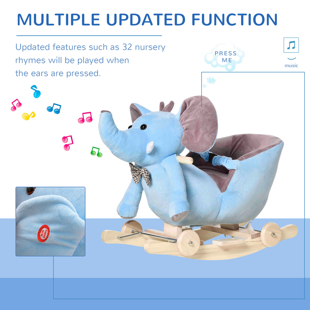 Plush Baby Ride on Rocking Horse Elephant Rocker with Wheels Wooden Toy for Kids 32 Songs (Blue)