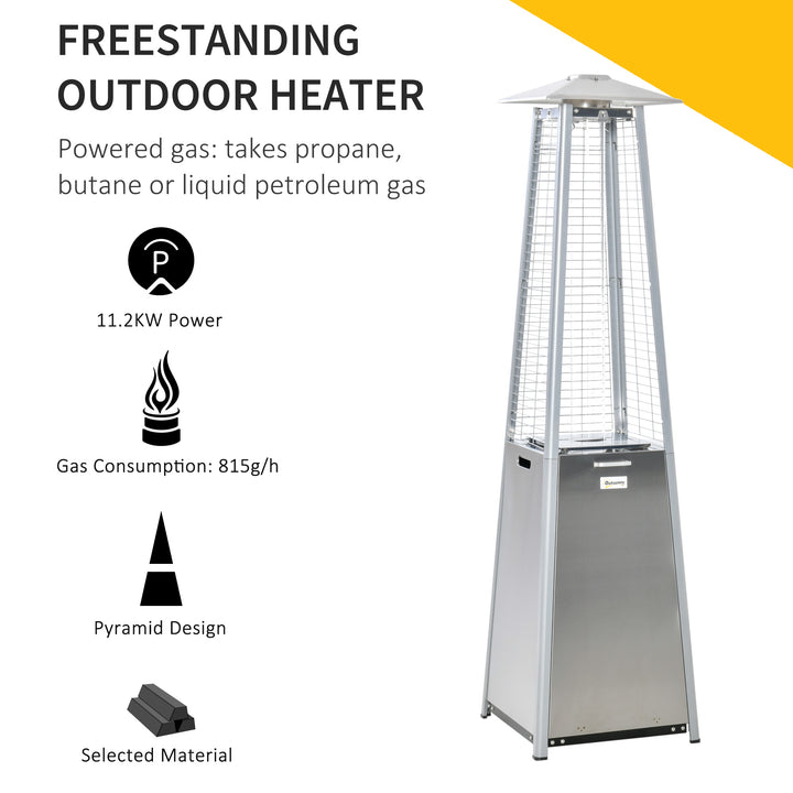 Outsunny 11.2KW Outdoor Patio Gas Heater Stainless Steel Pyramid Propane Heater Garden Freestanding Tower Heater with Wheels, Dust Cover, Silver