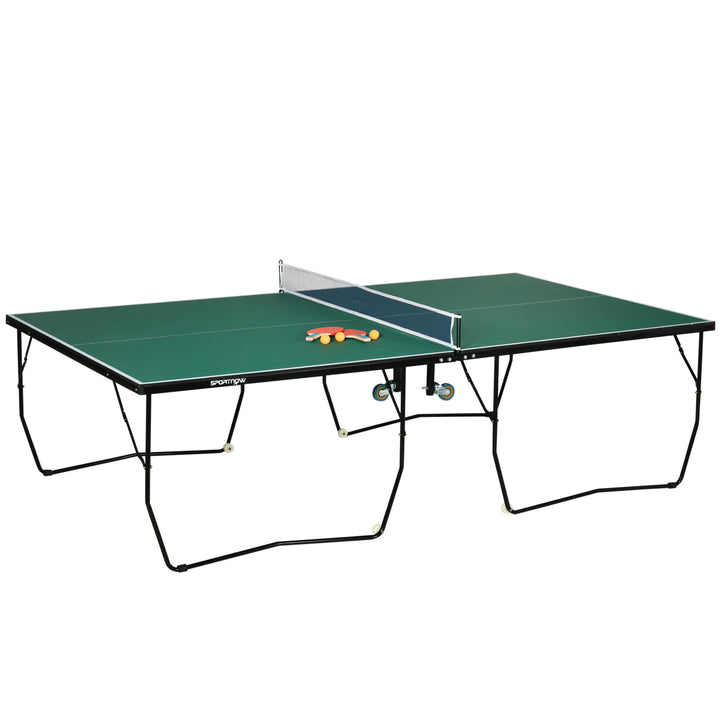 SPORTNOW 9FT Outdoor Folding Table, Tennis Table, with 8 Wheels, for Indoor and Outdoor Use - Green