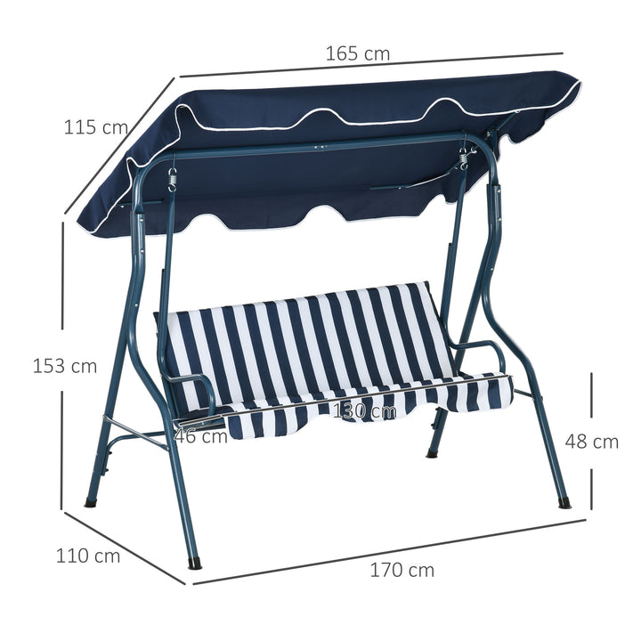 3 Seater Garden Swing Chair_ Outdoor Garden Bench with Adjustable Sun Cover and Metal Frame - Blue Stripes