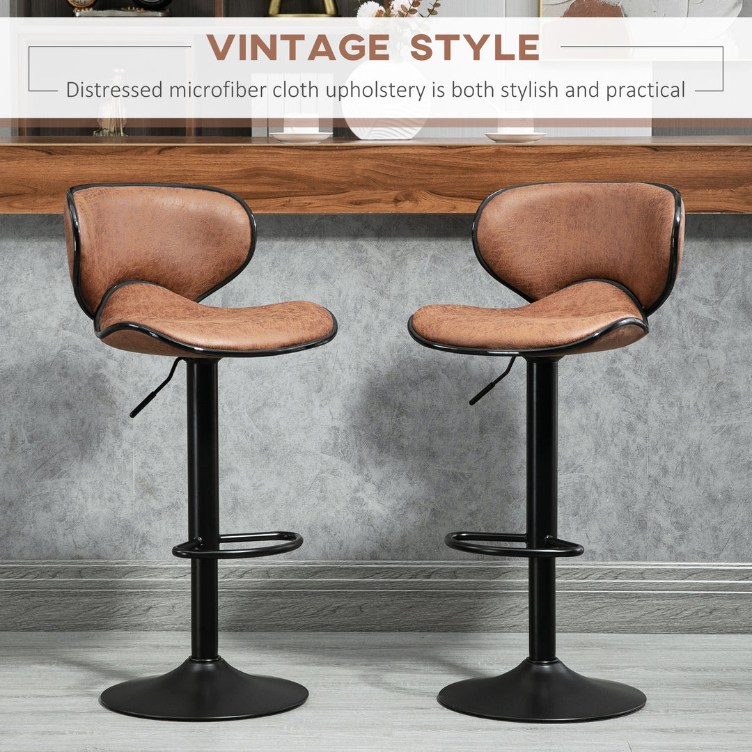 Bar Stool Set of 2 Microfiber Cloth Adjustable Height Armless Chairs with Swivel Seat, Brown