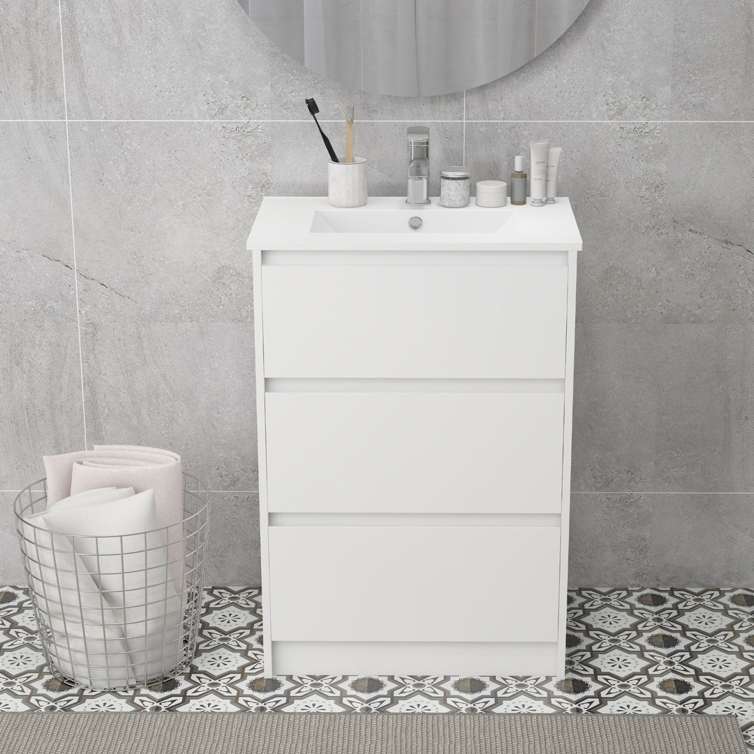 600mm Bathroom Vanity Unit with Basin and Single Tap Hole, High Gloss White Floor Standing Bathroom Sink Unit with 2 Drawers