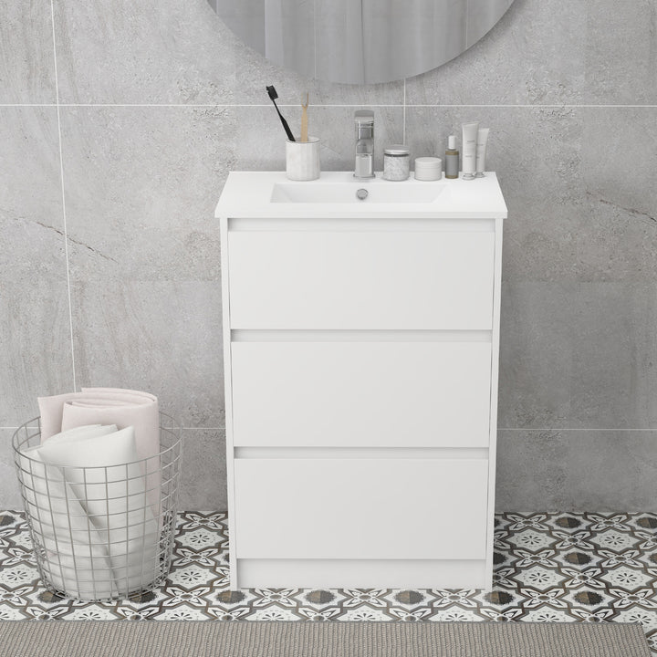 600mm Bathroom Vanity Unit with Basin and Single Tap Hole, High Gloss White Floor Standing Bathroom Sink Unit with 2 Drawers