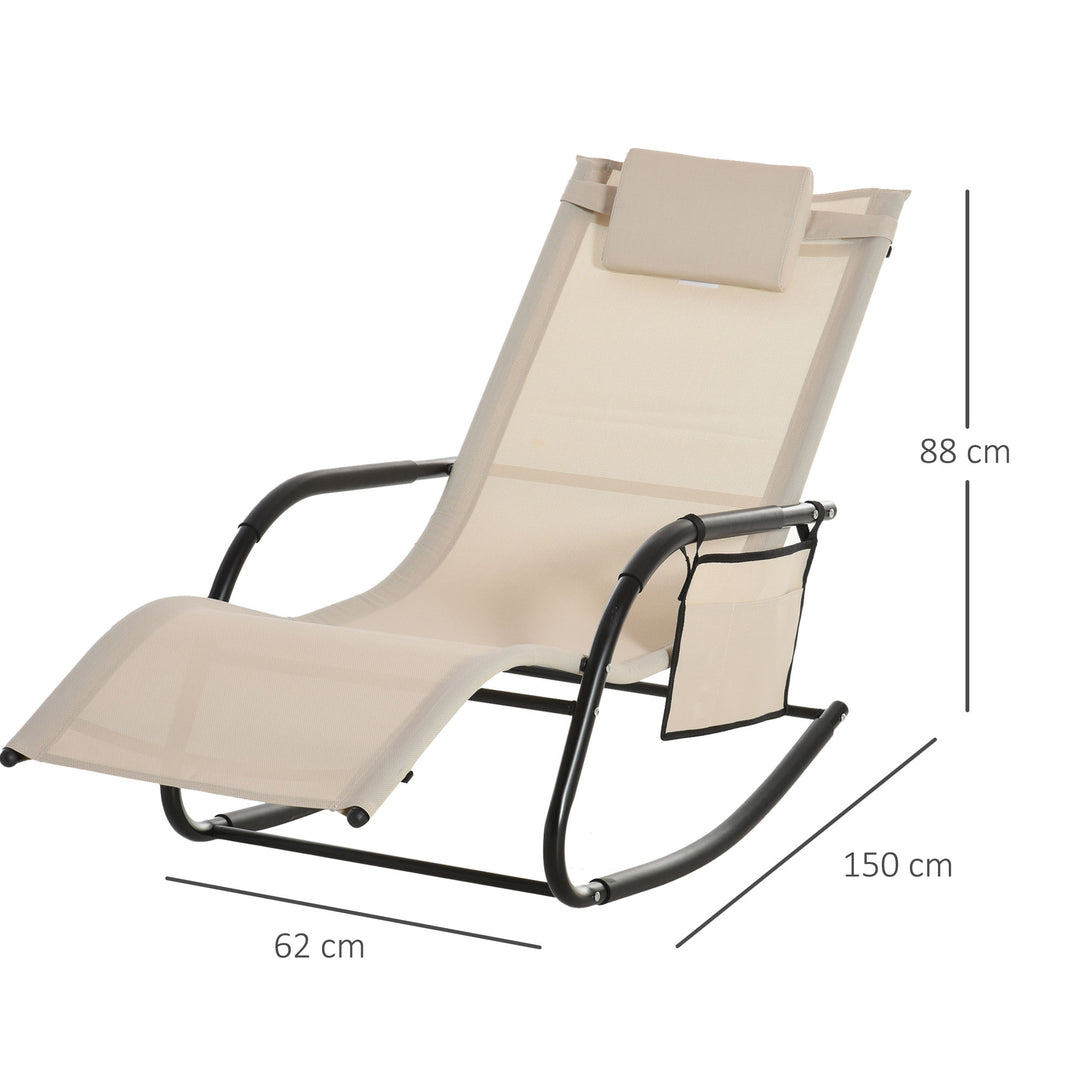 Breathable Mesh Rocking Chair Patio Rocker Lounge for Indoor &amp; Outdoor Recliner Seat w/ Removable Headrest for Garden and Patio Cream White