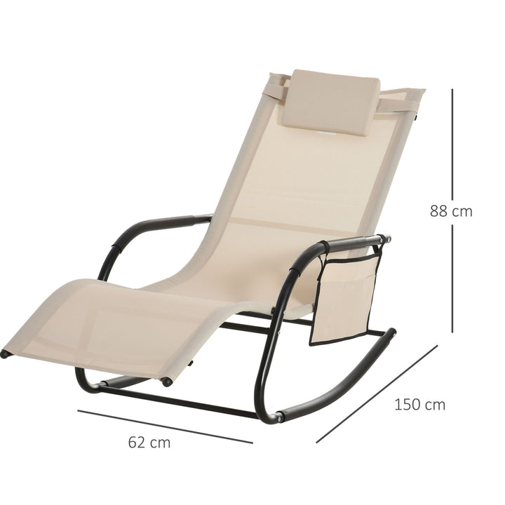 Breathable Mesh Rocking Chair Patio Rocker Lounge for Indoor &amp; Outdoor Recliner Seat w/ Removable Headrest for Garden and Patio Cream White