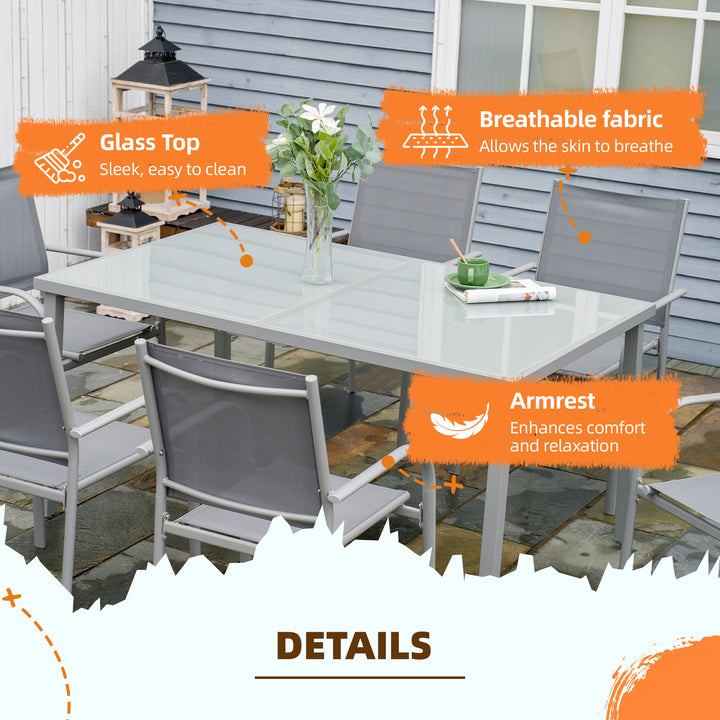 7 Piece Garden Dining Set, Outdoor Table and 6 Stackable Chairs, Steel Frame, Tempered Glass Top Table, Mesh Seats, Grey