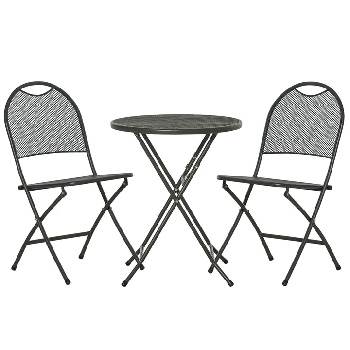 Outsunny 3 Piece Garden Bistro Set w/ Folding Design Mesh Metal Outdoor Coffee Table Set Two Chairs Black