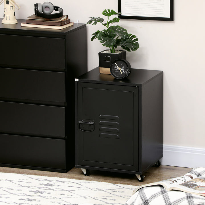 Industrial Style Printer Table, Rolling End Side Table with Wheels & Metal Door - Black