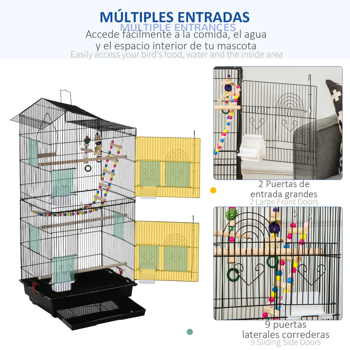 PawHut Bird Cage for Budgies Finches Canaries with Accessories, Toys, Tray, Handle, 46 x 36 x 100 cm, Black