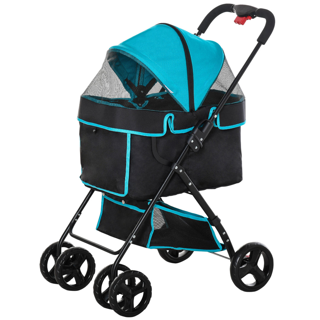 PawHut Pet Stroller Pushchair Travel One-Click Fold Trolley with EVA Wheels Brake Removable Cloth Basket Bottle Holder Adjustable Canopy Safety Leash