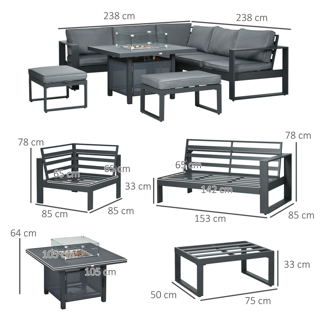 6-Piece Aluminium Garden Furniture Set, Outdoor Conversational Corner Sofa Loveseat Footstool Sectional w/Gas Fire Pit Table for Yard Grey