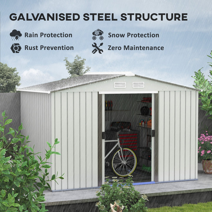 9 x 6FT Garden Storage Shed, Metal Outdoor Storage Shed House with Floor Foundation, Ventilation & Doors, Grey