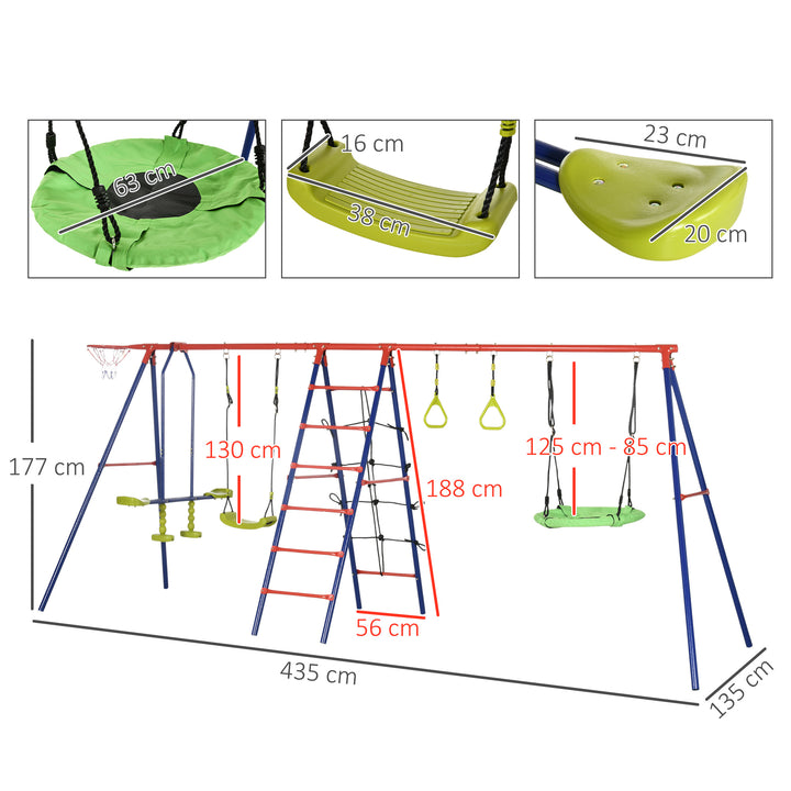 Metal Garden Swing Set, Climbing Frame, Glider, Trapeze Bar, Basketball Hoop