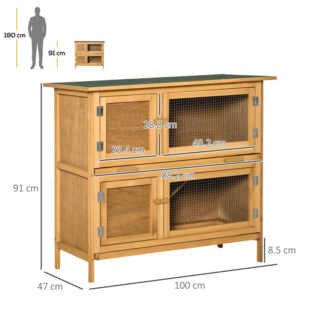 Double Decker Rabbit Hutch 2-Tier Guinea Pig House Pet Cage Outdoor with Sliding-out Tray Asphalt Roof Ramp, 100x47x91cm, Yellow