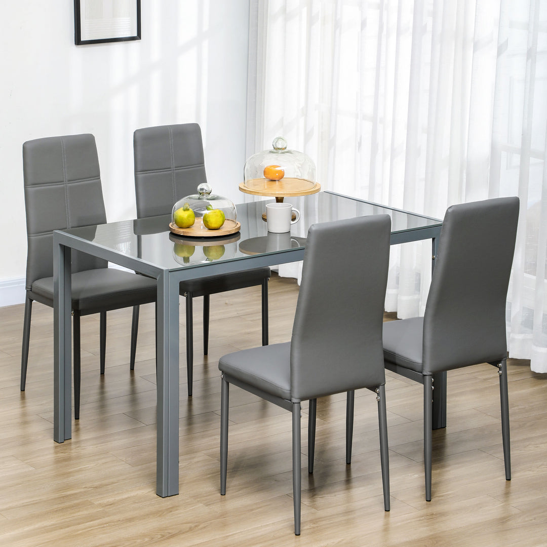 5-Piece Kitchen Dining Table Set with 4 Faux Leather Metal Frame Chairs Glass Tabletop Desk for Dining Room, Kitchen, Dinette, Grey