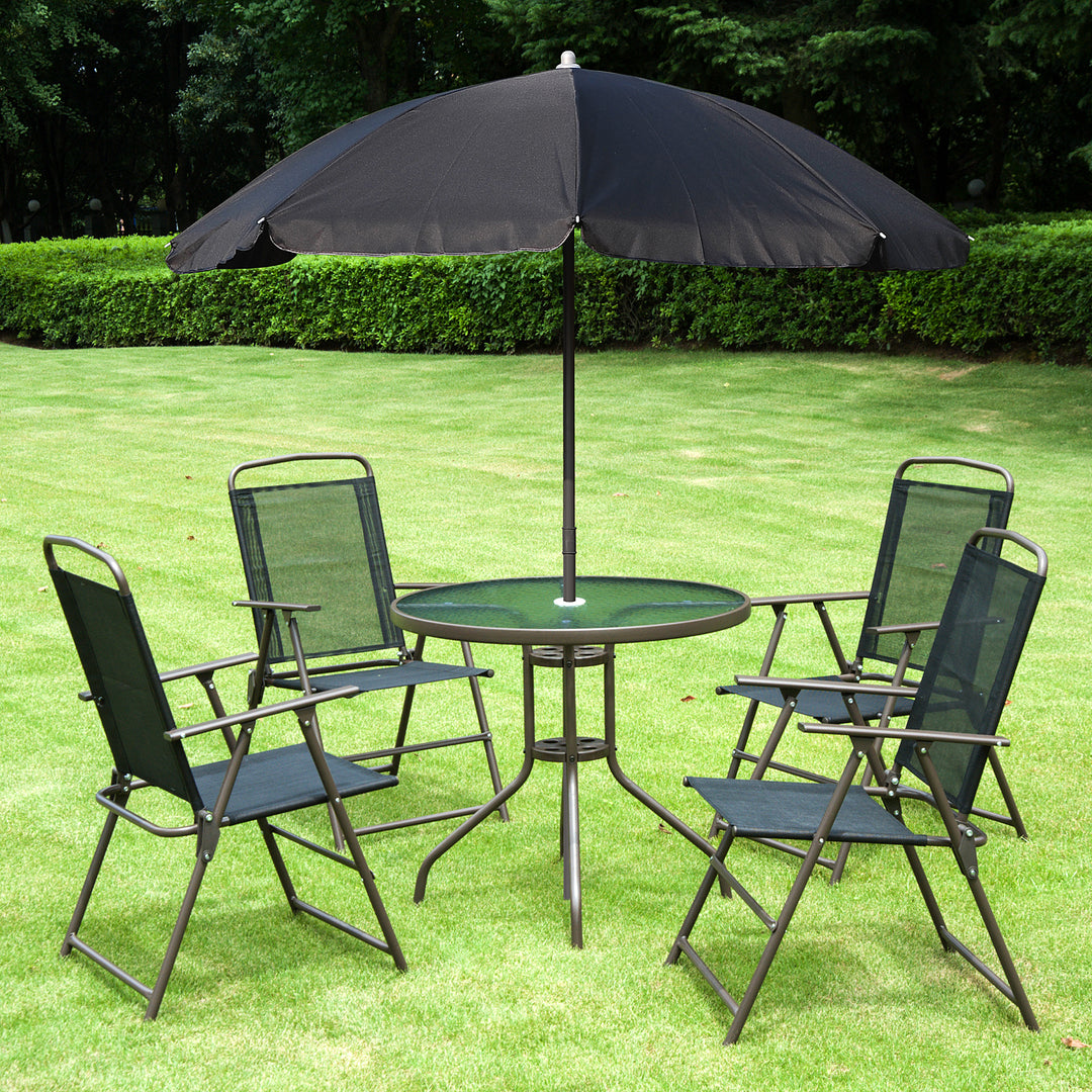 6 PCs Garden Patio Furniture Set Bistro Set Texteline Folding Chairs +Table +Parasol (Black)
