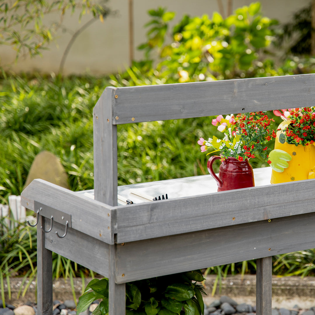 Outsunny Garden Potting Table, Wooden Workstation Bench w/ Galvanized Metal Tabletop, Drawer, Storage Shelves and Hooks for Courtyards, Balcony