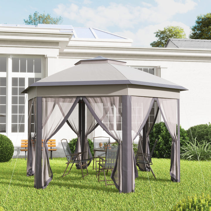 Outsunny Hexagon Patio Gazebo Pop Up Gazebo Outdoor Double Roof Instant Shelter with Netting, 4m x 4m, Beige