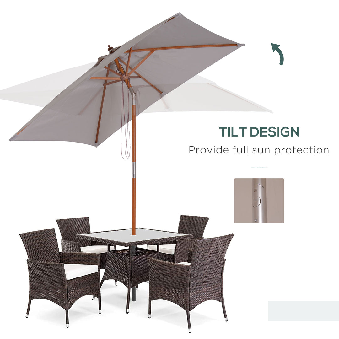 2m x 1.5m Patio Garden Parasol Sun Umbrella Sunshade Canopy Outdoor Backyard Furniture Fir Wooden Pole 6 Ribs Tilt Mechanism - Grey