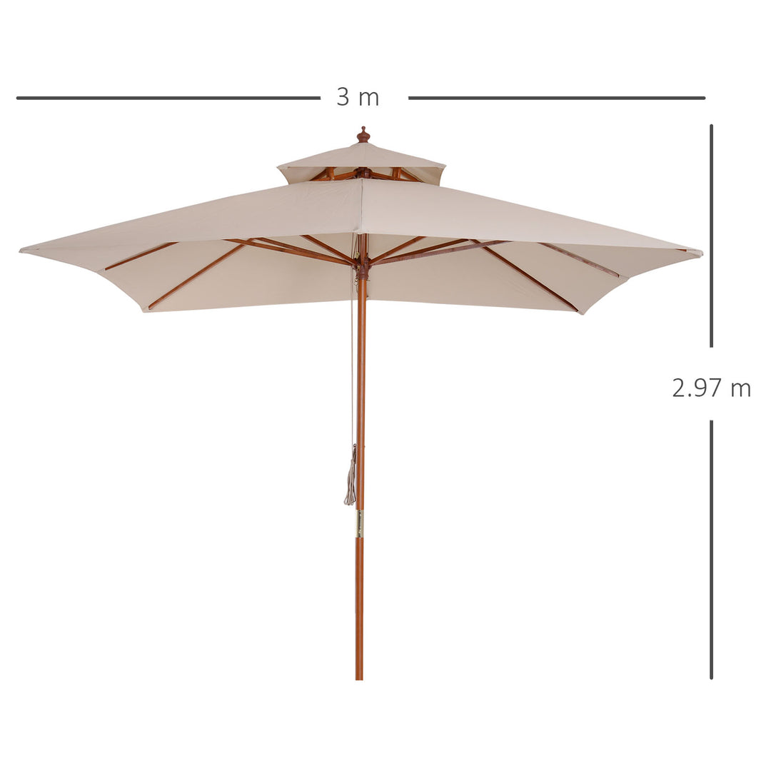 Beige Parasol Patio 3x3M Double Tier Garden Sun Umbrella Sunshade Outdoor Wood Wooden Canopy Tier