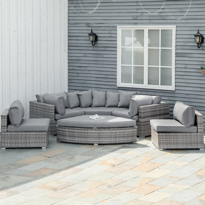 Outsunny 6-Seater Outdoor Rattan Wicker Sofa Set Half Round Patio Conversation Furniture Set w/ Cushions Grey