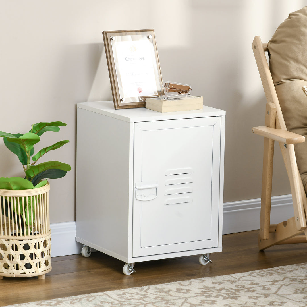Industrial Style Printer Table, Rolling End Side Table with Wheels &amp; Metal Door - White