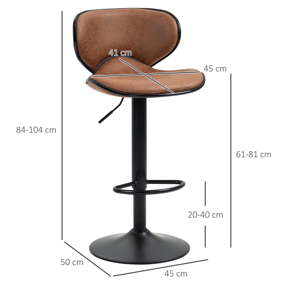 Bar Stool Set of 2 Microfiber Cloth Adjustable Height Armless Chairs with Swivel Seat, Brown