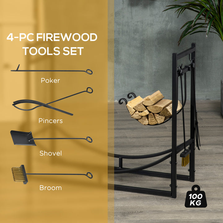 Outsunny Firewood Stand Log Rack Holder 84cm with 4-PC Fireplace Tools Set, Indoor Outdoor, Metal, Black