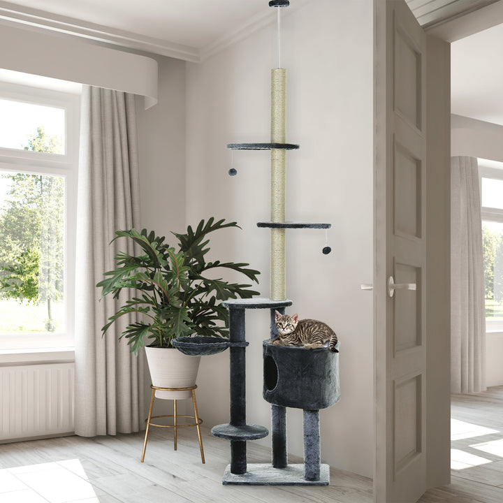 Adjustable Height Floor-To-Ceiling Vertical Cat Tree with Carpeted Platforms, Condo, Sisal Rope Scratching Areas