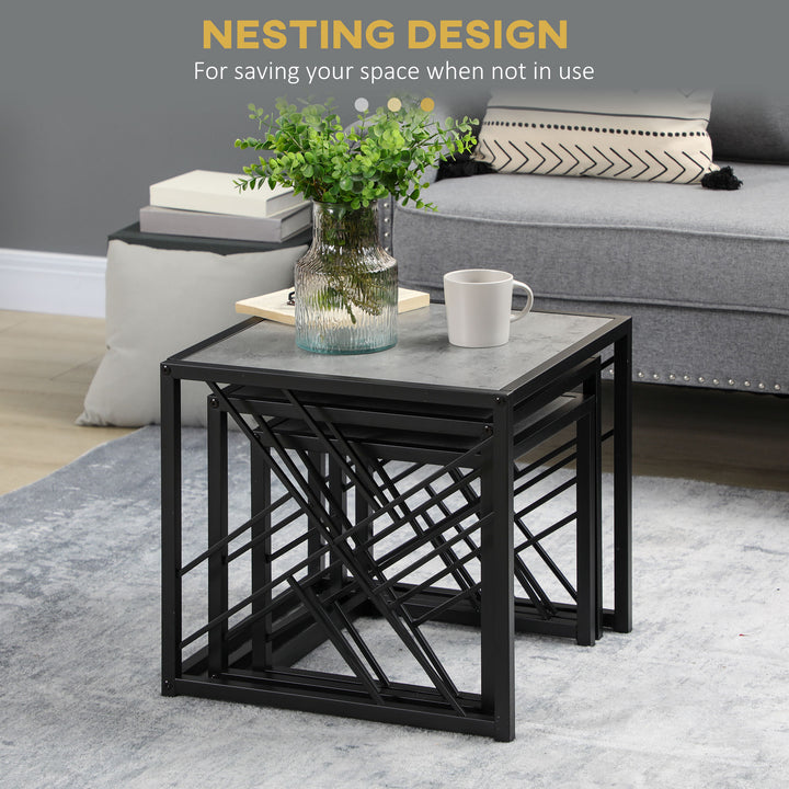 Set of 3 Nest of Tables, Square Side Tables with Black Metal Frame, for Living Room, Bedroom and Office, Grey