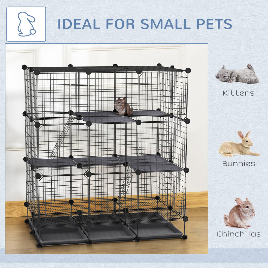 Pawhut 3 Level DIY Pet Playpen Metal Small Animal Cage Guinea Pig Rabbit Ferret Chinchillas Cage 4 Doors Bottom Trays Black