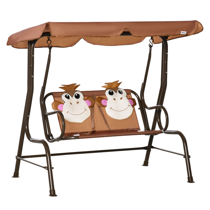 2-Seat Kids Canopy Swing, Children Outdoor Patio Lounge Chair, for Garden Porch, with Adjustable Awning, Seat Belt, Monkey Pattern, Coffee