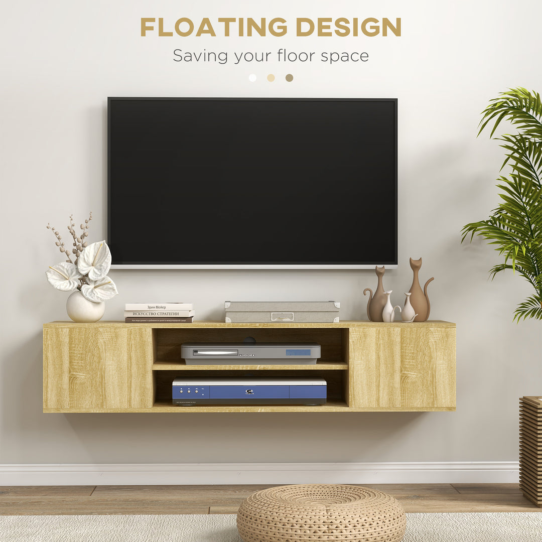 Floating TV Stand Cabinet for TVs up to 60", Wall Mounted TV Unit with Open Shelf, Storage Cupboards and Cable Management for Living Room, Natural Wood Effect