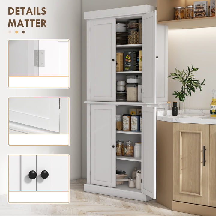 Freestanding Kitchen Cupboard with 4 Doors, Storage Cabinet with 6-Tier Shelving and 4 Adjustable Shelves, White
