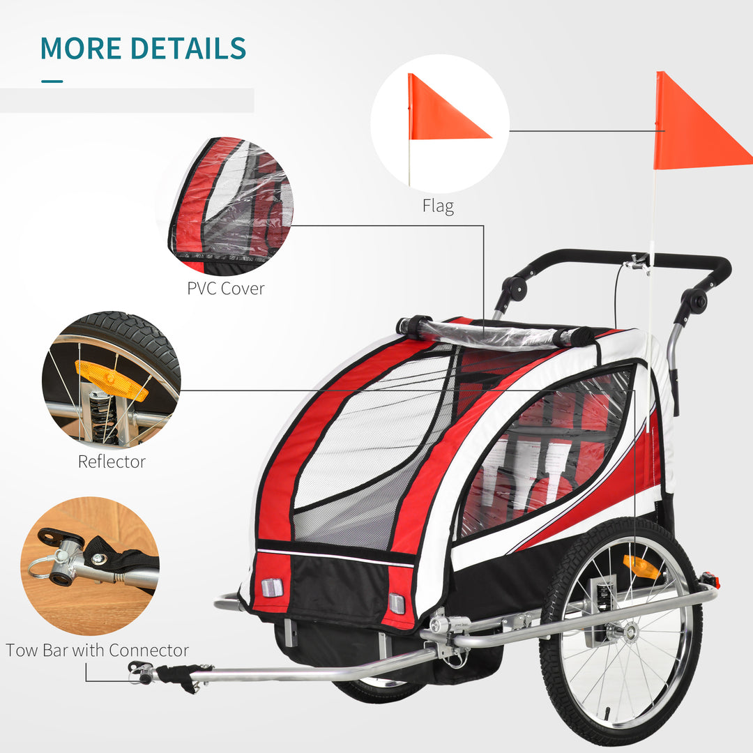 Child Bike Trailer Baby Bicycle Trailer 360° Rotatable for 2 Kids with Steel Frame LED Red