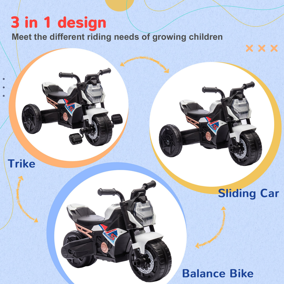 Motorcycle Design 3 in 1 Toddler Trike, Sliding Car, Balance Bike with Headlight, Music, Horn, White