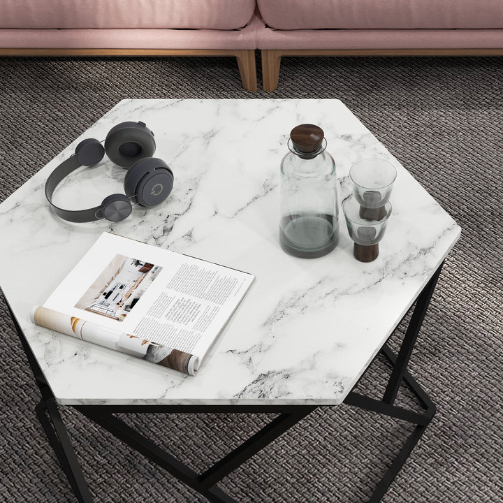 Coffee Table with High Gloss Marble Tabletop, Modern Cocktail Table with Steel Frame for Living Room, White