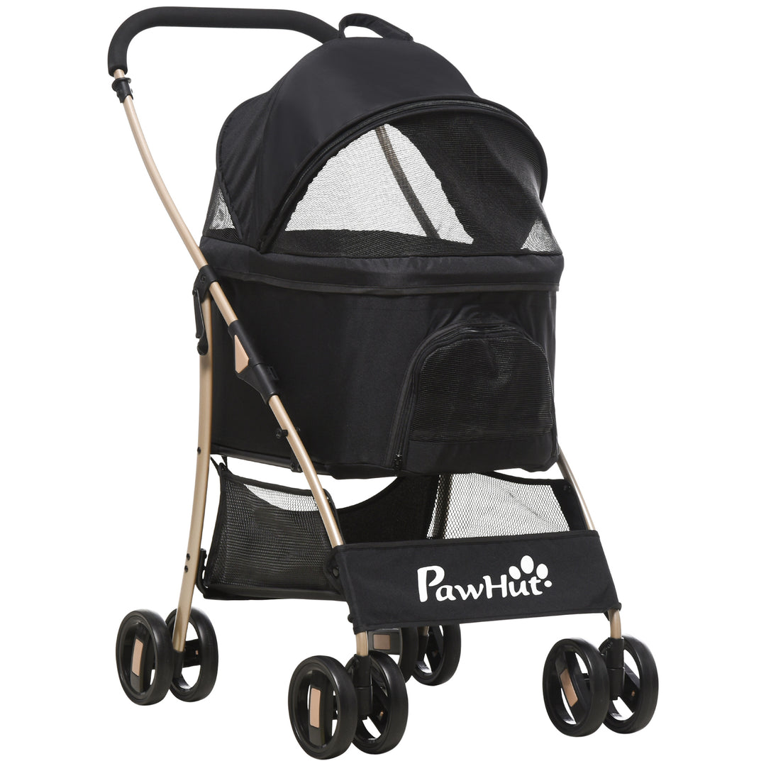 PawHut Detachable Pet Stroller, 3-In-1 Dog Cat Travel Carriage, Foldable Carrying Bag with Universal Wheel Brake Canopy Basket Storage Bag, Black