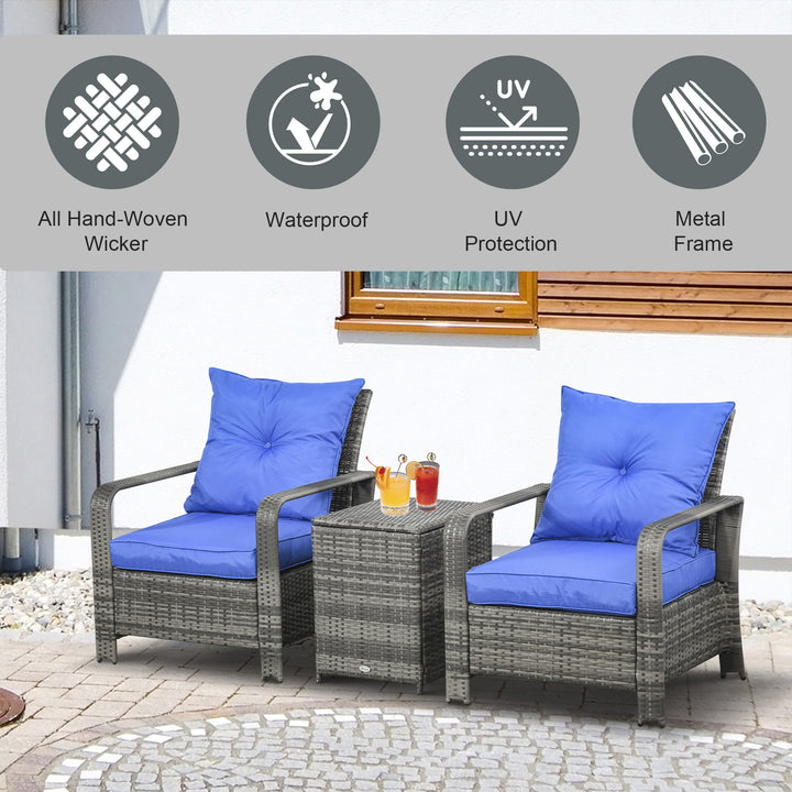 3 pcs PE Rattan Wicker Garden Furniture Patio Bistro Set Weave Conservatory Sofa Storage Table and Chairs Set Blue Cushion Grey Wicker