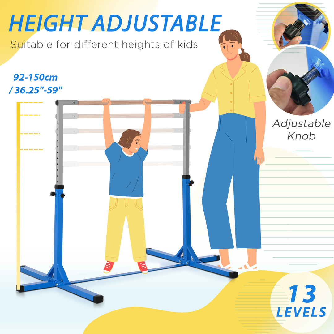 Height Adjustable Gymnastics Horizontal Bar For Kids Home Gym Training Children Junior Kip High Bar Fitness Blue w/ Steel Frame Wood