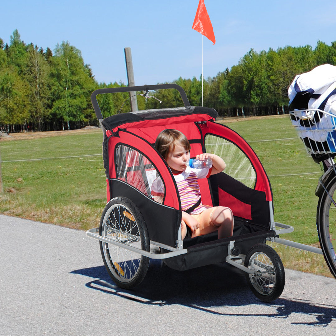 Collapsible Bike Trailer 2-Seater for Baby Bicycle with Pivot Wheel Suitable For 18 Month + Child(Black and Red)