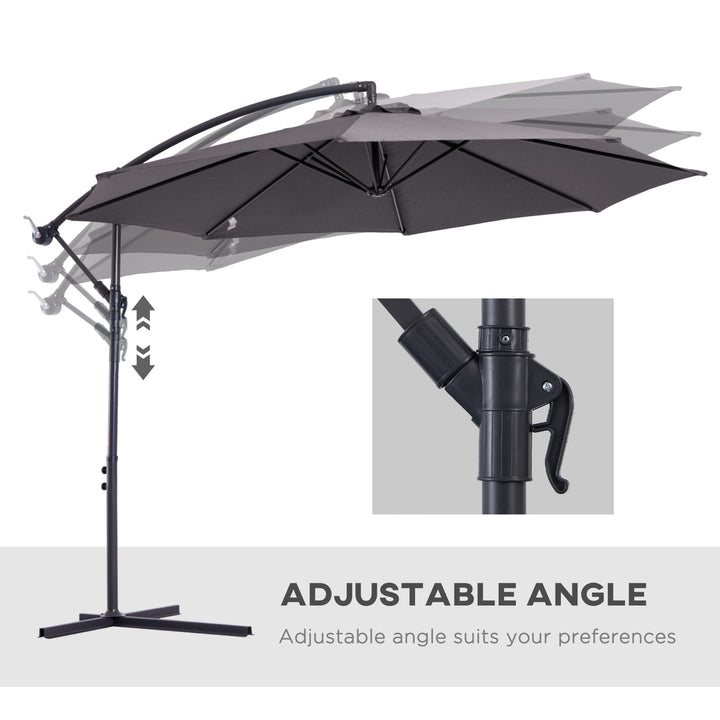 3(m) Garden Banana Parasol Hanging Cantilever Umbrella with Crank Handle, 8 Ribs and Cross Base for Outdoor, Sun Shade, Grey