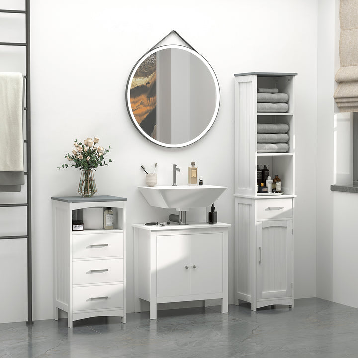 Tall Bathroom Storage Cabinet with 3 Tier Shelf, Cupboard, Drawer, Door, Freestanding Linen Tower, Slim Side Organizer, White