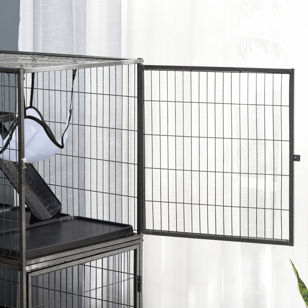 Small Animal Cage for Chinchilla Ferret Kitten on Wheels with Hammocks Removable Tray, Silver Grey