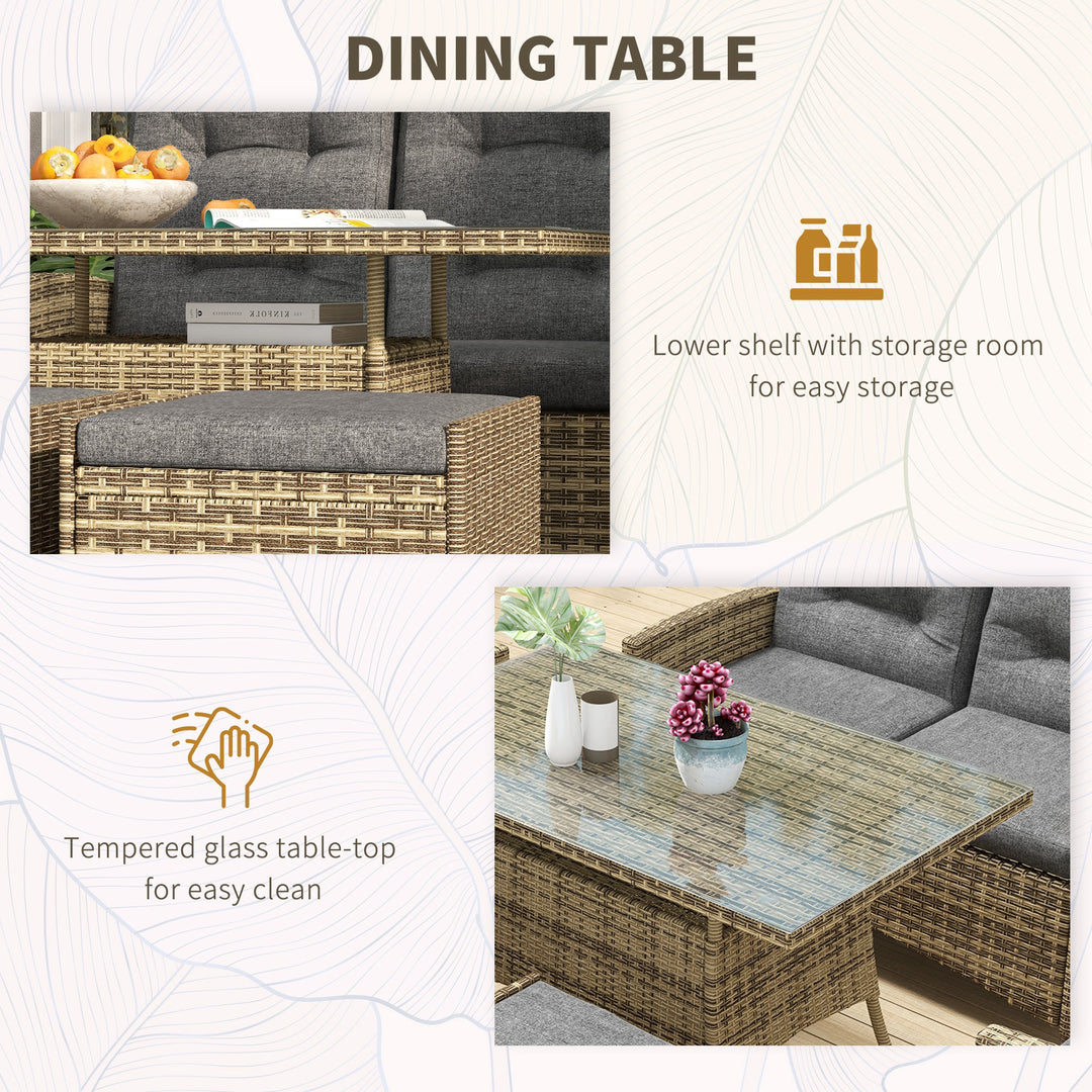 6 Pieces PE Rattan Dining Set, Patio Wicker Conversation Furniture, Tempered Glass Table-top Dining Table w/ Storage Layer, Mixed Grey